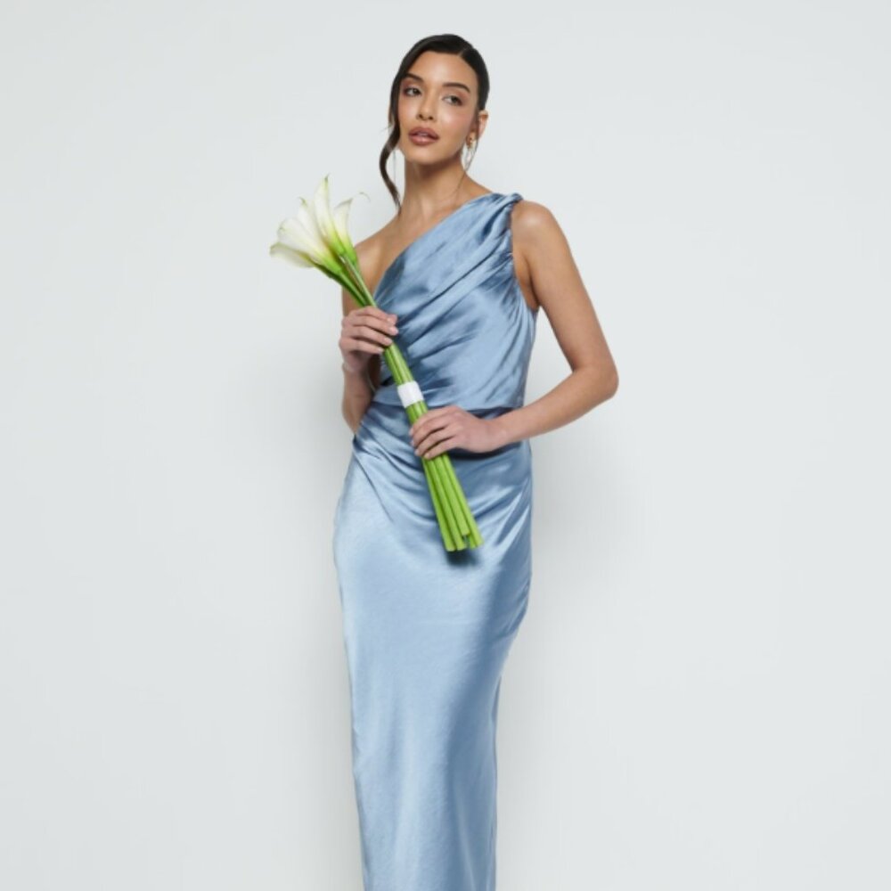 Pretty Lavish | Juliet Ruched Maxi Bridesmaid Dress in Dusty Blue